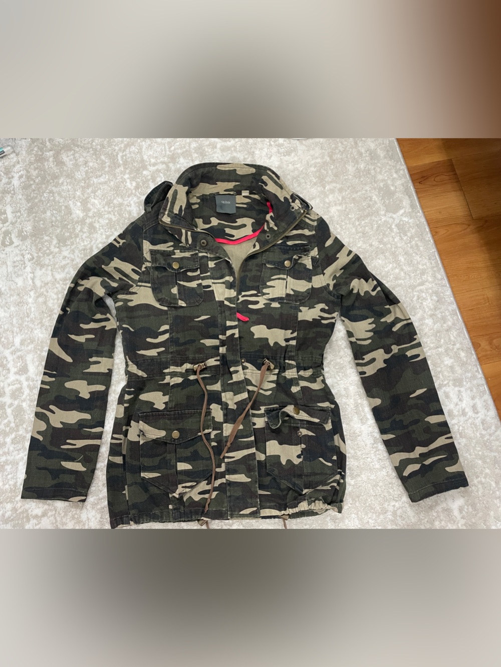 Quinn Womens Camo Utility Jacket Large Cotton Military Cargo Drawstring Waist